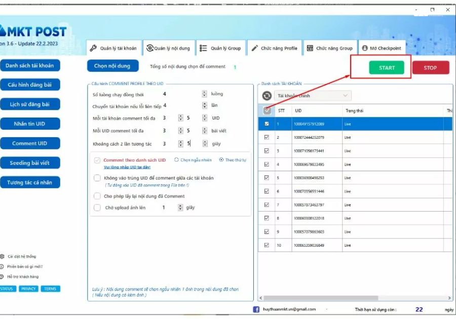 Nhấn START để bắt đầu chạy comment tự động